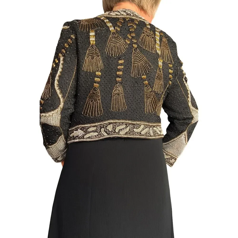 Vintage Silk Beaded Jacket‎ Black Gold 80s Luxury XL Maximalist Power Dressing